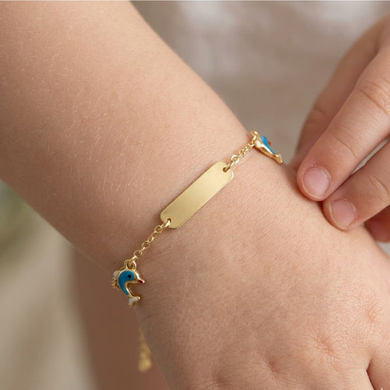 Bracciale targhetta Joy Gioielli oro 9kt con delfini smaltati 16 cm