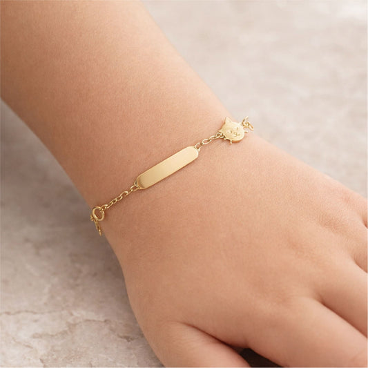 Bracciale catena Joy Gioielli oro 18 kt con targhetta e gatto 14 cm