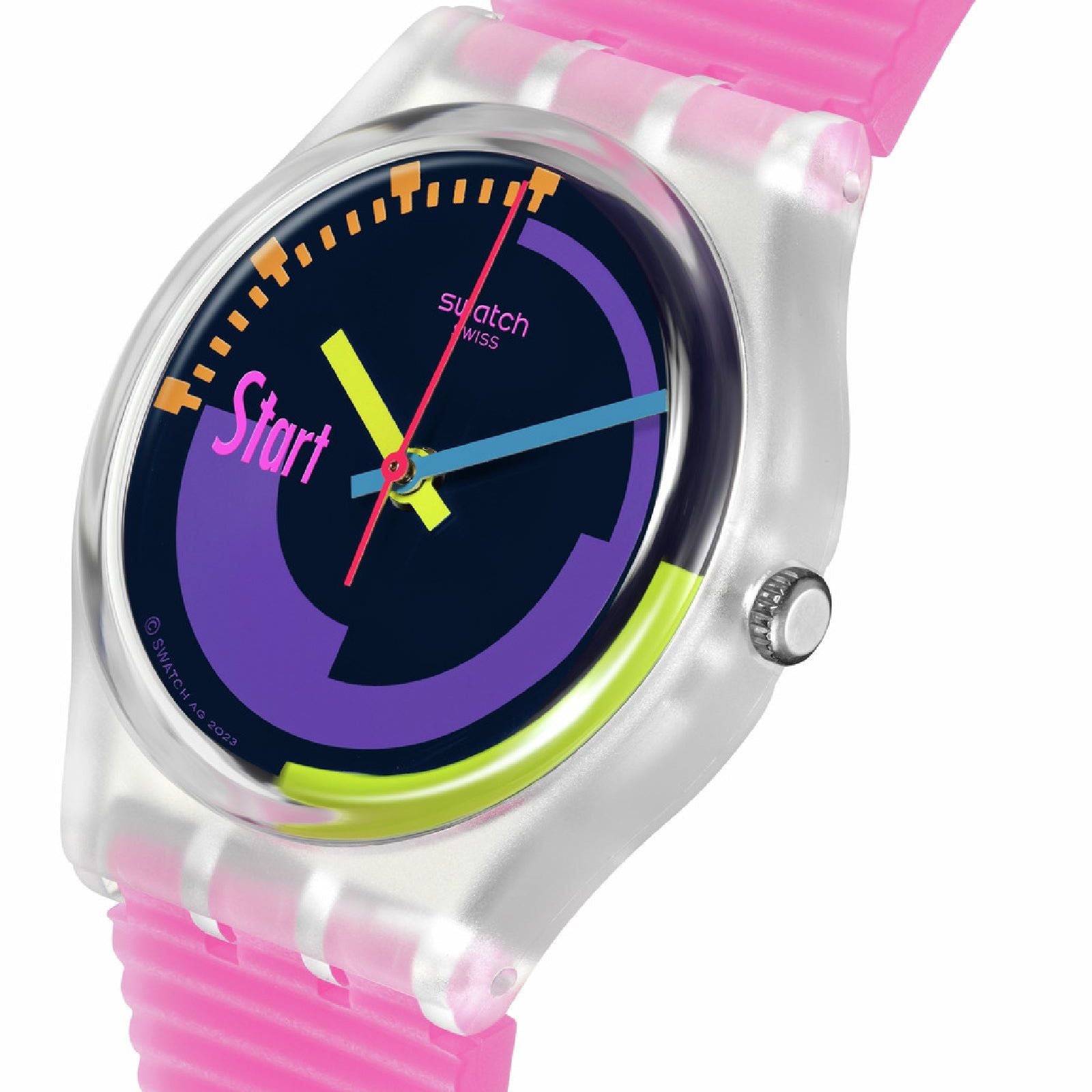 Orologio donna Swatch Neon PINK plastica rosa quadrante multicolor 34mm