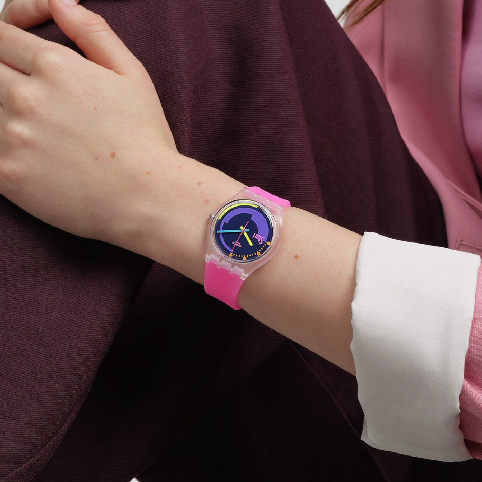 Orologio donna Swatch Neon PINK plastica rosa quadrante multicolor 34mm SO28K111-4