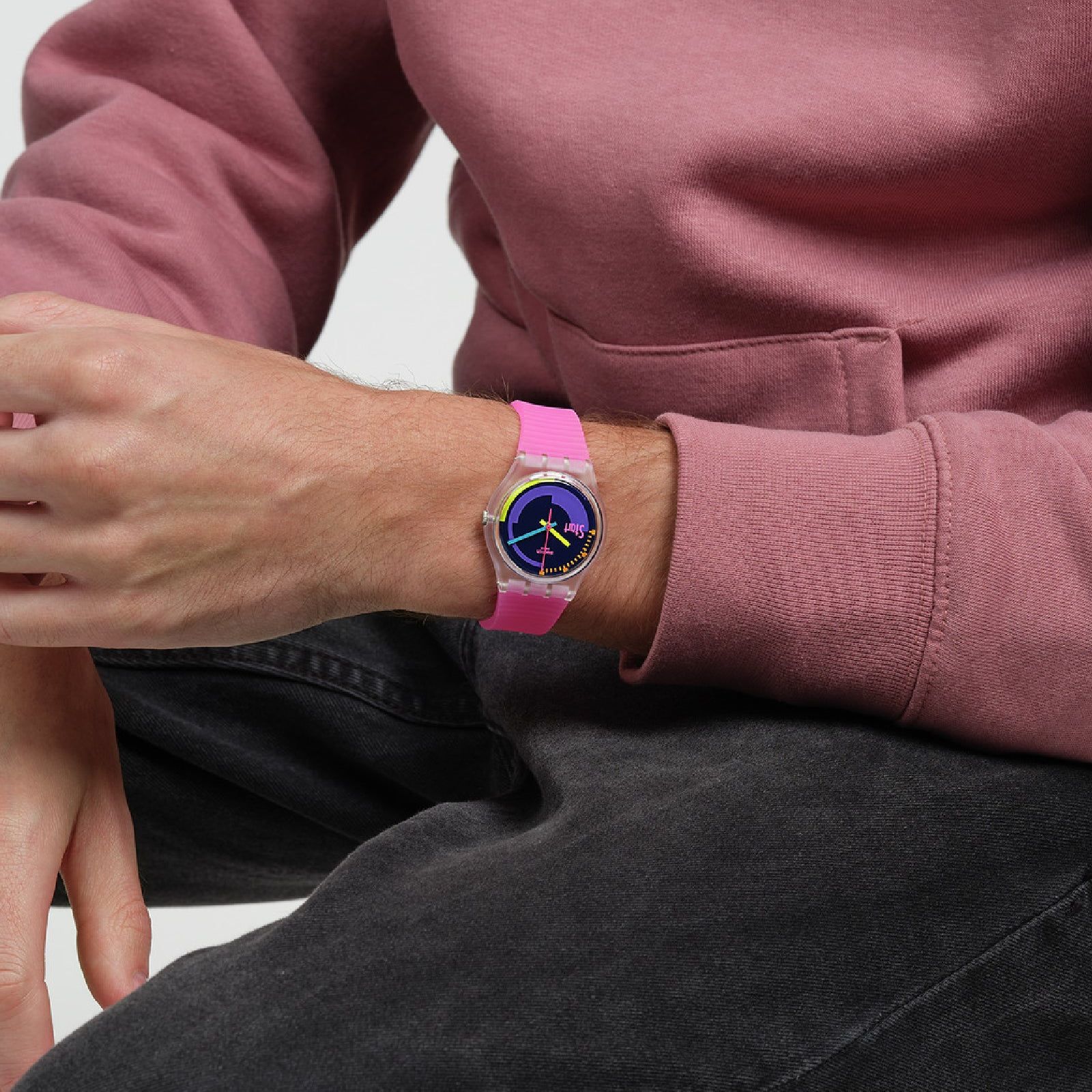 Orologio donna Swatch Neon PINK plastica rosa quadrante multicolor 34mm SO28K111-5