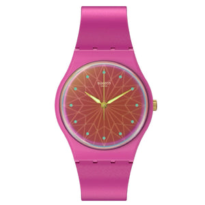 Orologio solo tempo Swatch Holiday Collection Fantastic Fuchsia donna in materiale di origine biologica fucsia cassa 34mm SO28P110