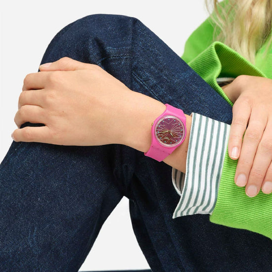 Orologio solo tempo Swatch Holiday Collection donna materiale biologico fucsia cassa 34mm SO28P110-5
