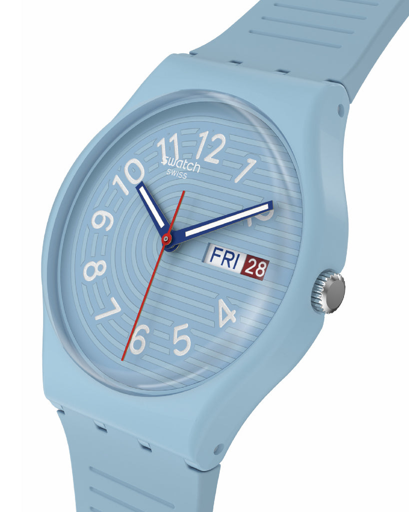 Orologio solo tempo unisex Swatch Essentials con cassa 34mm biologica e cinturino in silicone azzurro SO28S704