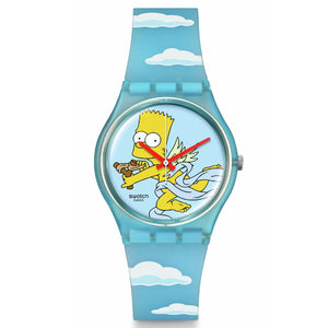 Orologio solo tempo Swatch The Simpson Collection unisex in materiale di origine biologica e silicone azzurro cassa 34mm SO28Z115