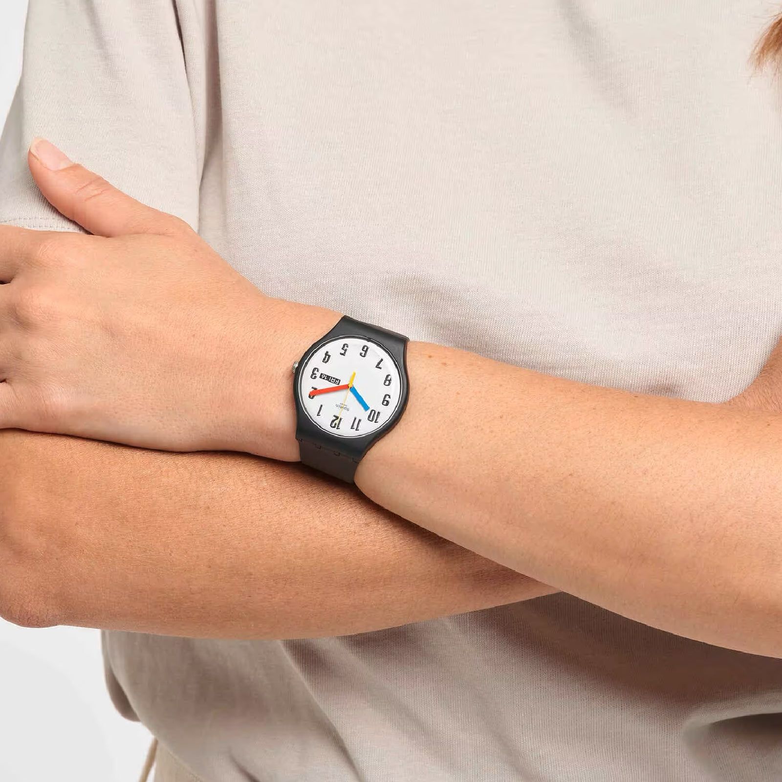 Orologio solo tempo Swatch Bau da uomo materiale biologico nero bianco 41mm
