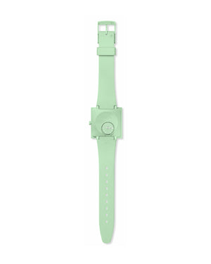 Orologio solo tempo unisex Swatch What if? Con cassa quadrata 41,8mm e cinturino bioceramic verde SO34G701