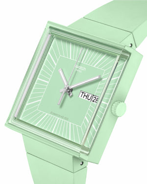 Orologio solo tempo unisex Swatch What if? Con cassa quadrata 41,8mm e cinturino bioceramic verde SO34G701