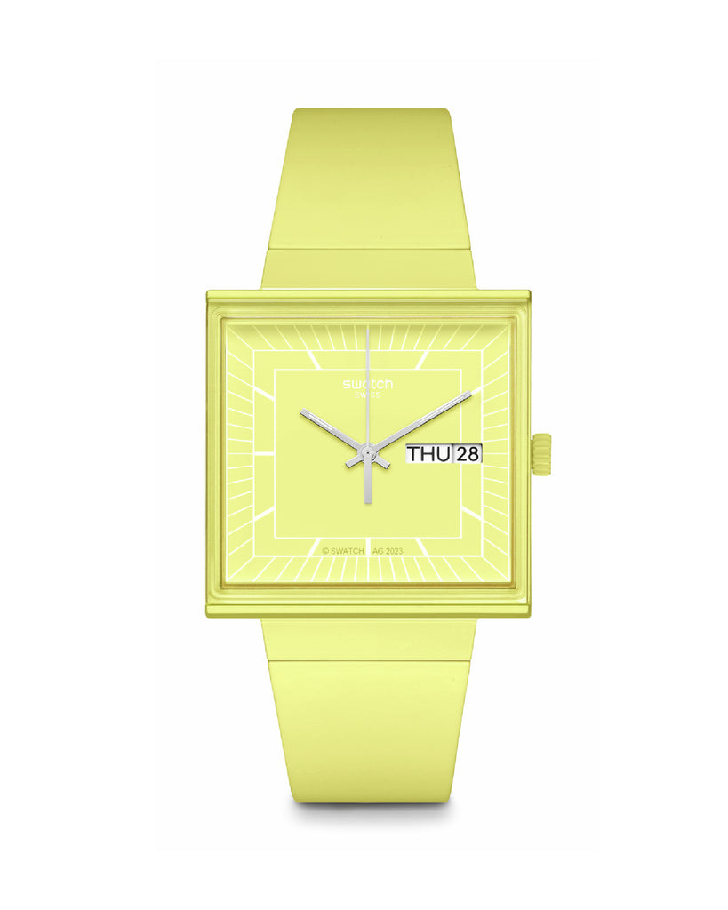 Orologio solo tempo unisex Swatch What if? Con cassa quadrata 41,8mm e cinturino bioceramic giallo SO34J700