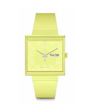 Orologio solo tempo unisex Swatch What if? Con cassa quadrata 41,8mm e cinturino bioceramic giallo SO34J700