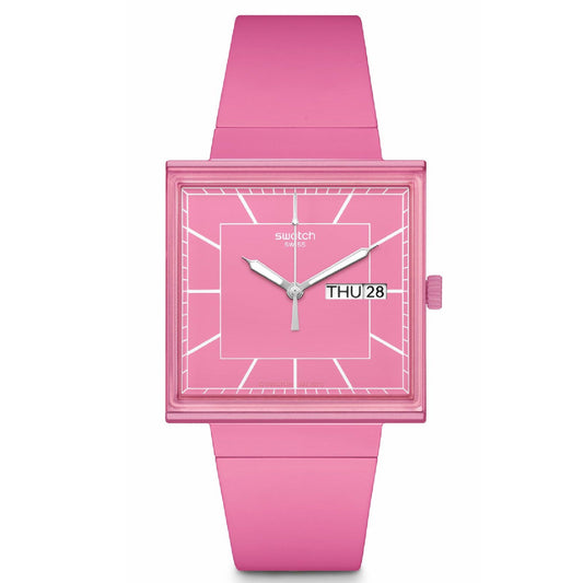 Orologio donna Swatch What if? cassa quadrata in bioceramic rosa 41,8mm SO34P700-1
