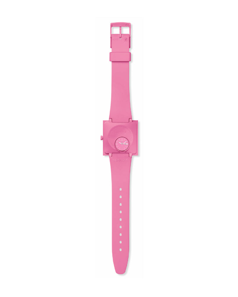Orologio solo tempo donna Swatch What if? Con cassa quadrata 41,8mm e cinturino bioceramic rosa SO34P700