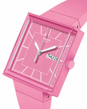 Orologio solo tempo donna Swatch What if? Con cassa quadrata 41,8mm e cinturino bioceramic rosa SO34P700