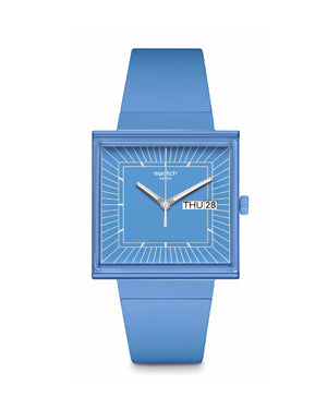Orologio solo tempo unisex Swatch What if? Con cassa quadrata 41,8mm e cinturino bioceramic blu SO34S700