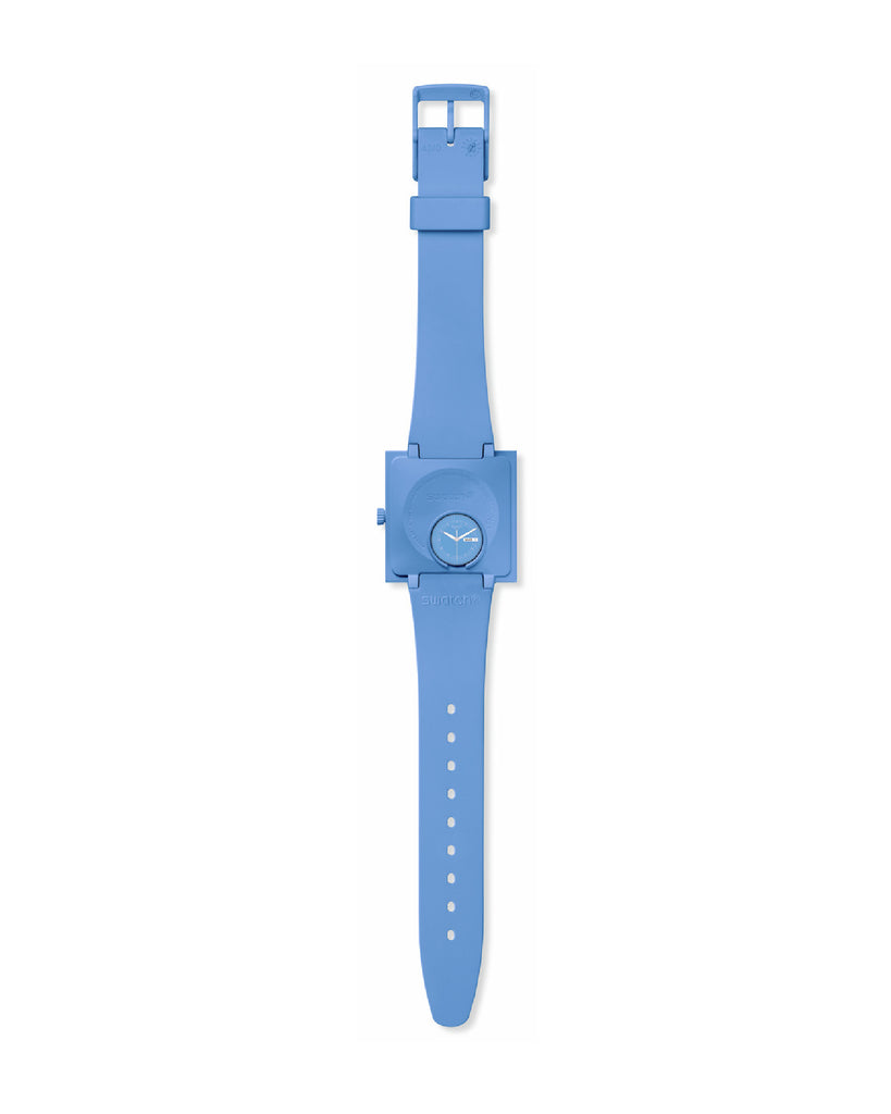 Orologio solo tempo unisex Swatch What if? Con cassa quadrata 41,8mm e cinturino bioceramic blu SO34S700