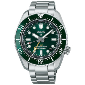 Orologio automatico manuale Seiko Prospex Mare uomo cassa 45 mm bracciale acciaio display ceramica quadrante verde riserva carica 70h SPB381J1