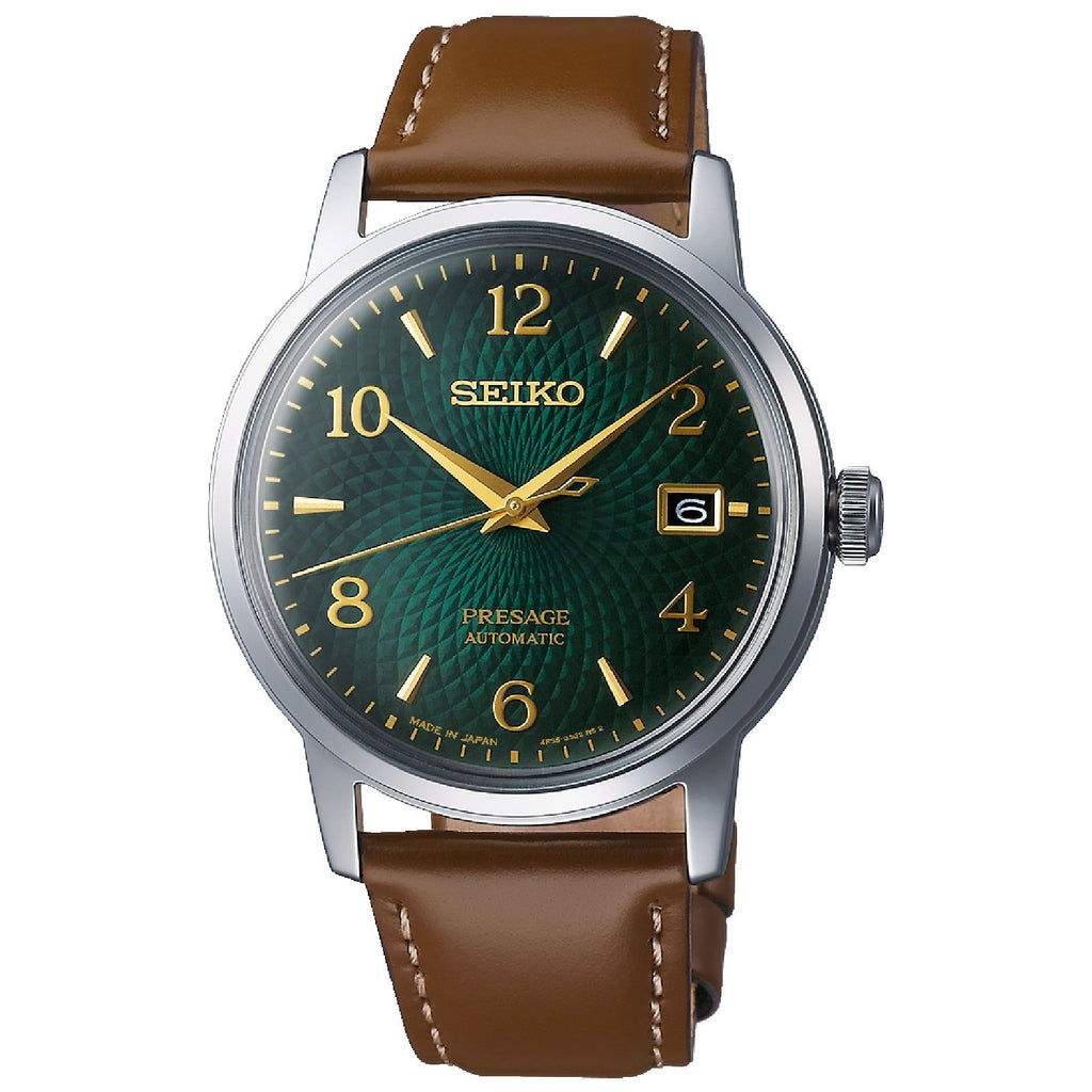 Orologio automatico manuale Seiko Presage Cocktail Time uomo cassa 38mm acciaio quadrante verde cinturino pelle riserva carica 41h SRPE45J1