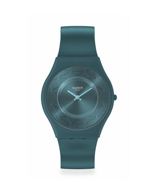 Orologio solo tempo Swatch Holiday Collection Auric Whisper unisex in materiale di origine biologica verde cassa 34mm SS08N116