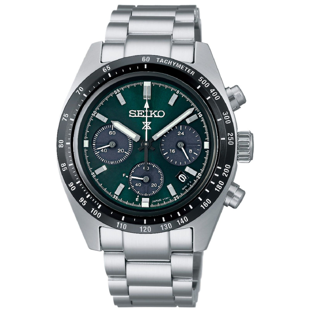 Orologio cronografo solare Seiko Prospex uomo cassa 39mm e braciale in acciaio quadrante verde ghiera nera riserva di carica 6 mesi SSC933P1