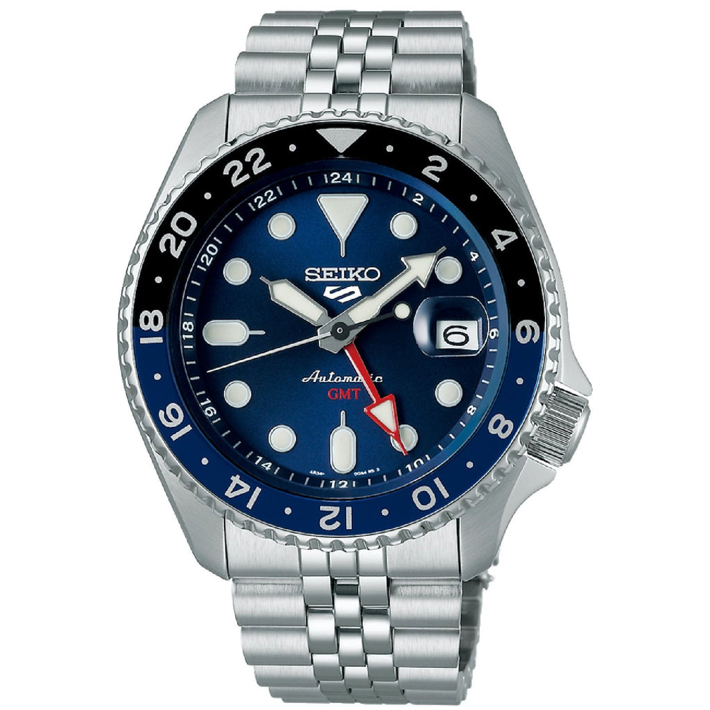 Orologio automatico manuale Seiko 5 Sports GMT SKX uomo cassa 42,5mm bracciale in acciaio quadrante blu riserva carica 41h SSK003K1