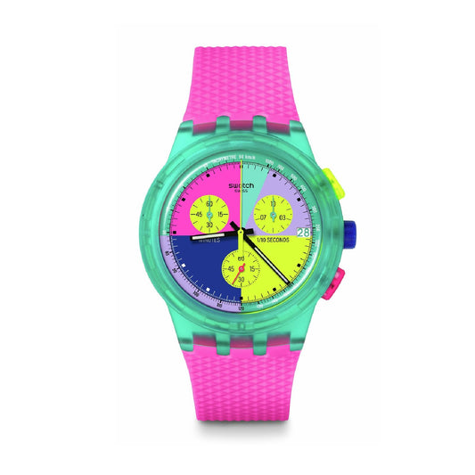 Orologio donna Swatch Neon FLASH ARROW plastica verde quadrante multicolor 42mm SUSG408-1