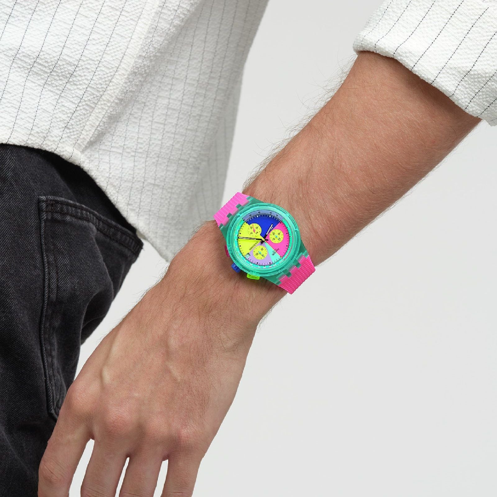Orologio donna Swatch Neon FLASH ARROW plastica verde quadrante multicolor 42mm SUSG408-5