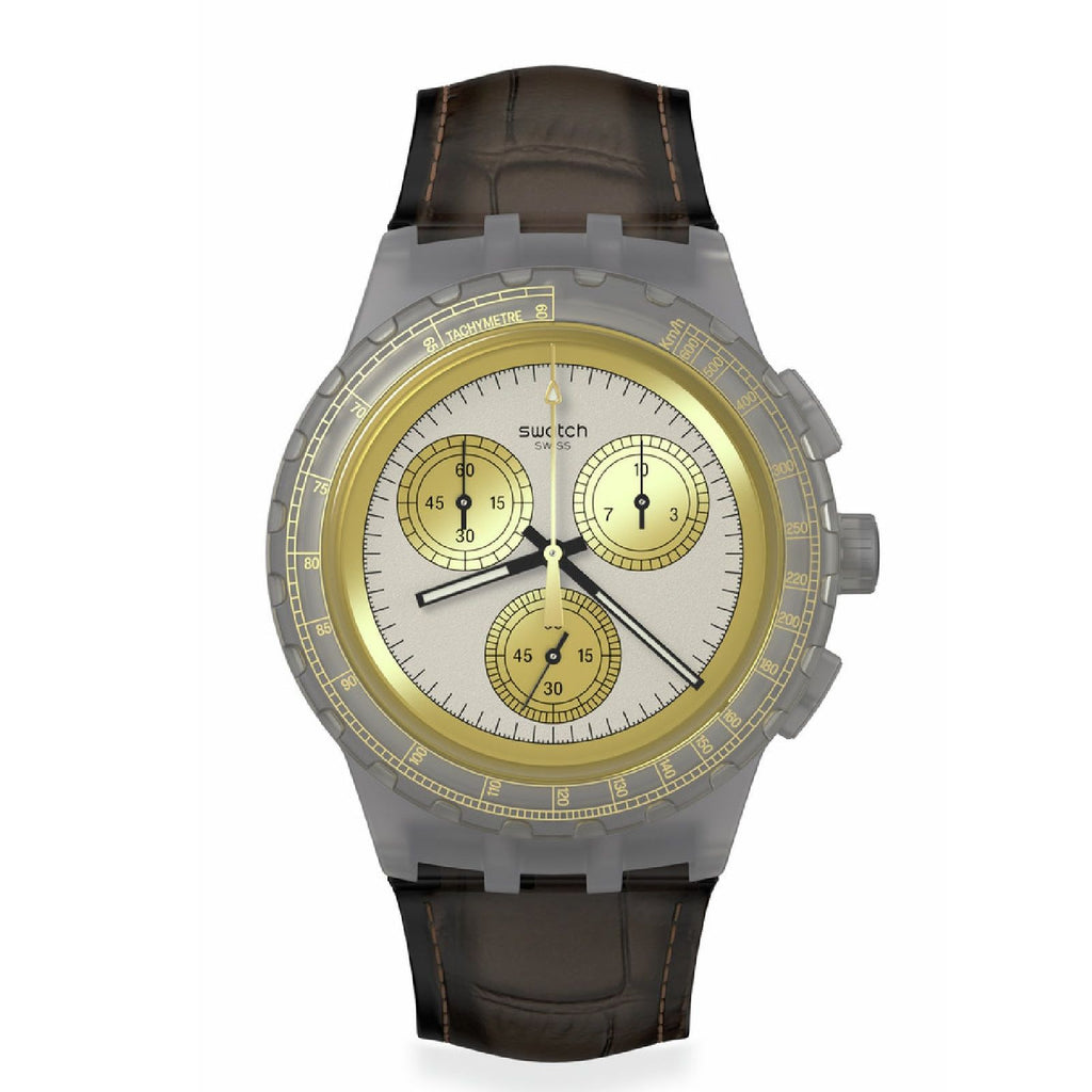 Orologio cronografo Swatch Holiday Collection Golden Radiance da uomo in plastica e cuoio marrone di cassa 42 mm SUSM100