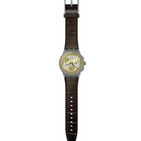 Orologio crono uomo Swatch Holiday Collection plastica cuoio marrone cassa 42 mm SUSM100-2
