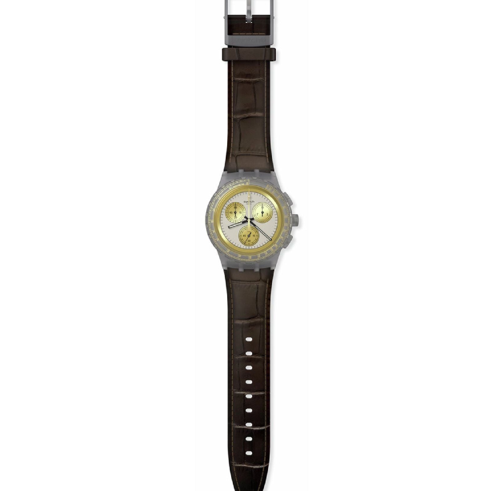 Orologio crono uomo Swatch Holiday Collection plastica cuoio marrone cassa 42 mm SUSM100-2
