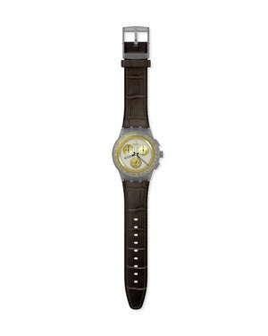 Orologio cronografo Swatch Holiday Collection Golden Radiance da uomo in plastica e cuoio marrone di cassa 42 mm SUSM100