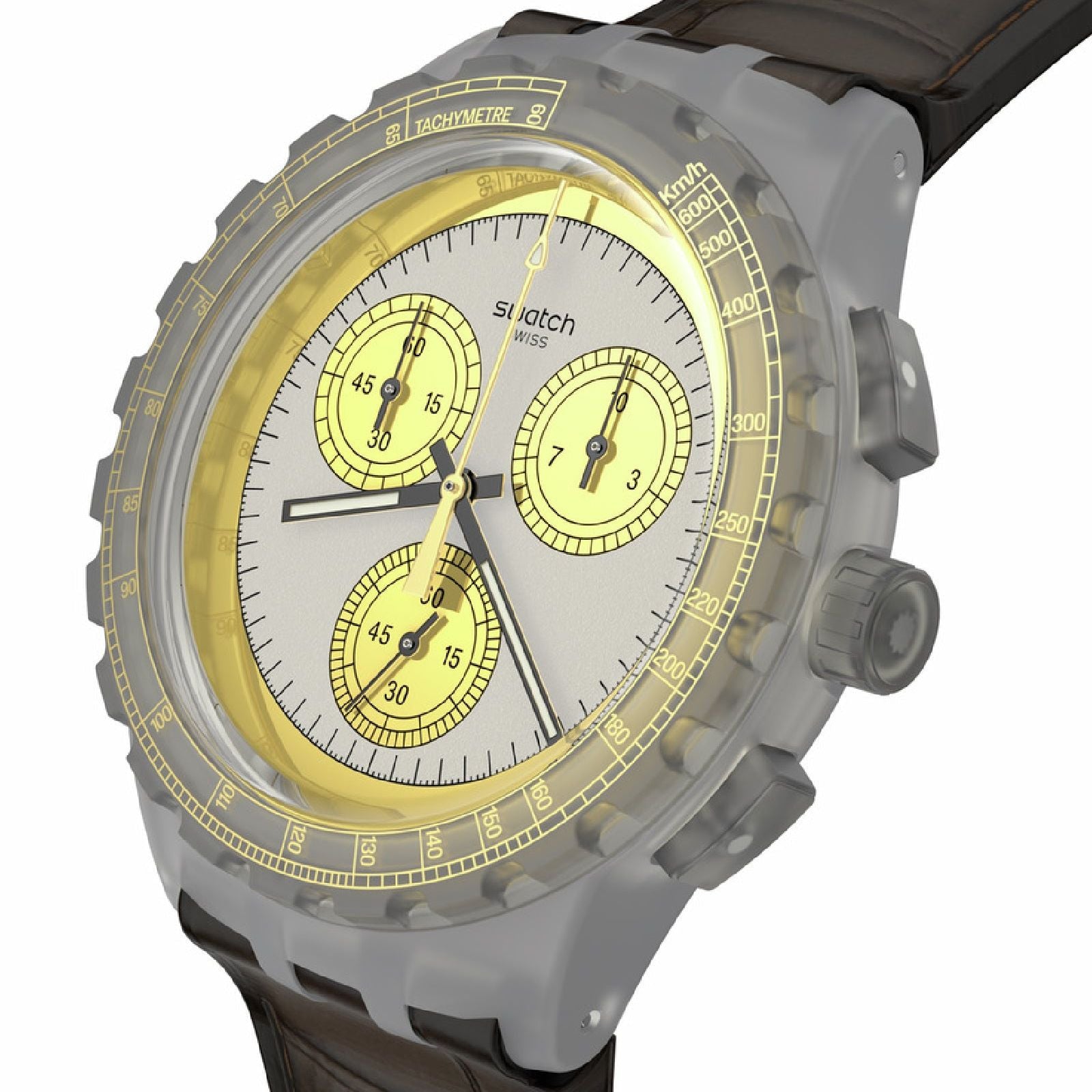 Orologio crono uomo Swatch Holiday Collection plastica cuoio marrone cassa 42 mm SUSM100-3