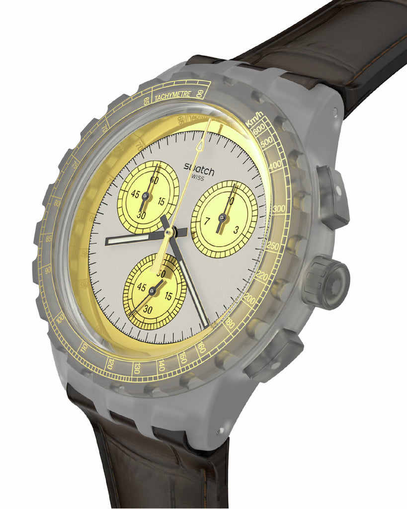 Orologio cronografo Swatch Holiday Collection Golden Radiance da uomo in plastica e cuoio marrone di cassa 42 mm SUSM100