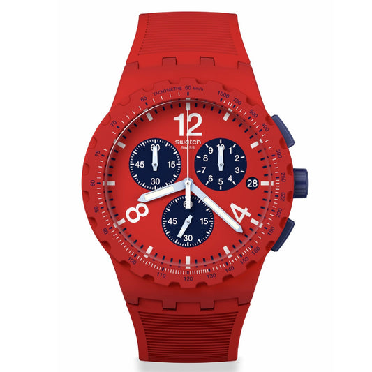 Orologio crono uomo Swatch Essentials in plastica e silicone rosso 42mm SUSR407-1