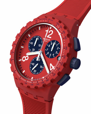 Orologio cronografo da uomo Swatch Essentials con cassa 42mm in plastica e cinturino in silicone rosso SUSR407