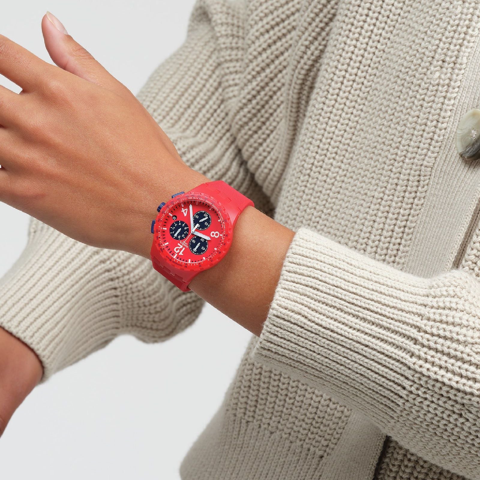 Orologio crono uomo Swatch Essentials in plastica e silicone rosso 42mm SUSR407-5