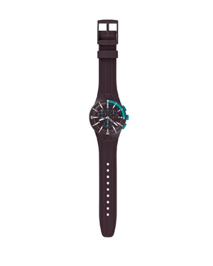 Orologio cronografo da uomo Swatch The March Collection con cassa 42 mm e cinturino in silicone viola scuro SUSV400