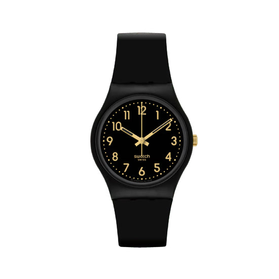 Orologio solo tempo Swatch cinturino cassa neri dettagli oro MISURA UNICA