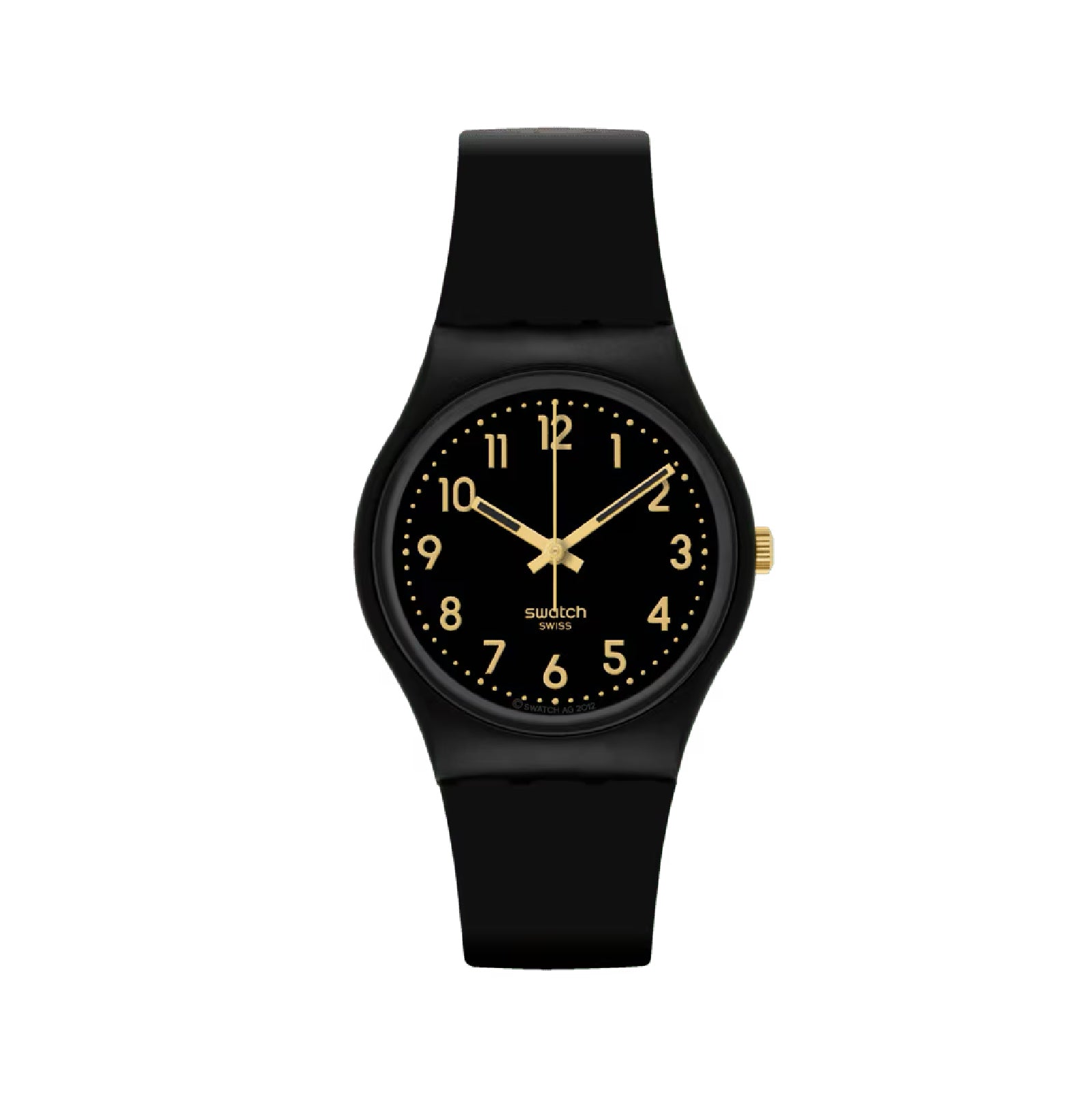Orologio solo tempo Swatch cinturino cassa neri dettagli oro MISURA UNICA