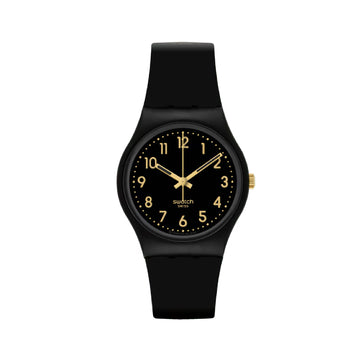 Orologio solo tempo Swatch cinturino cassa neri dettagli oro MISURA UNICA