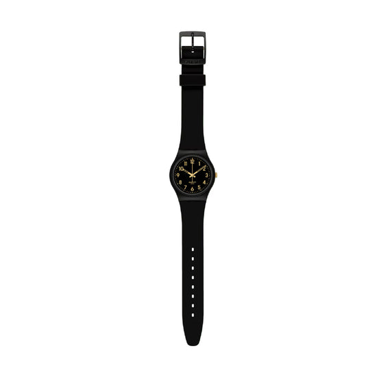 Orologio solo tempo Swatch cinturino cassa neri dettagli oro MISURA UNICA
