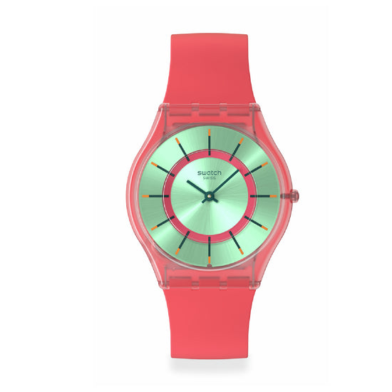 Orologio solo tempo Swatch in materiale biologico rosso e verde