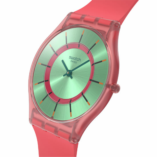 Orologio solo tempo Swatch in materiale biologico rosso e verde