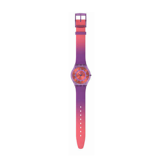 Orologio solo tempo Swatch in materiale biologico rosso e viola