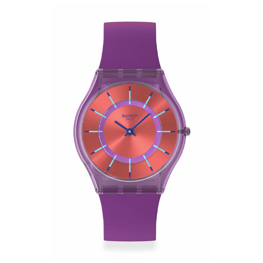 Orologio solo tempo Swatch in materiale biologico rosso e viola