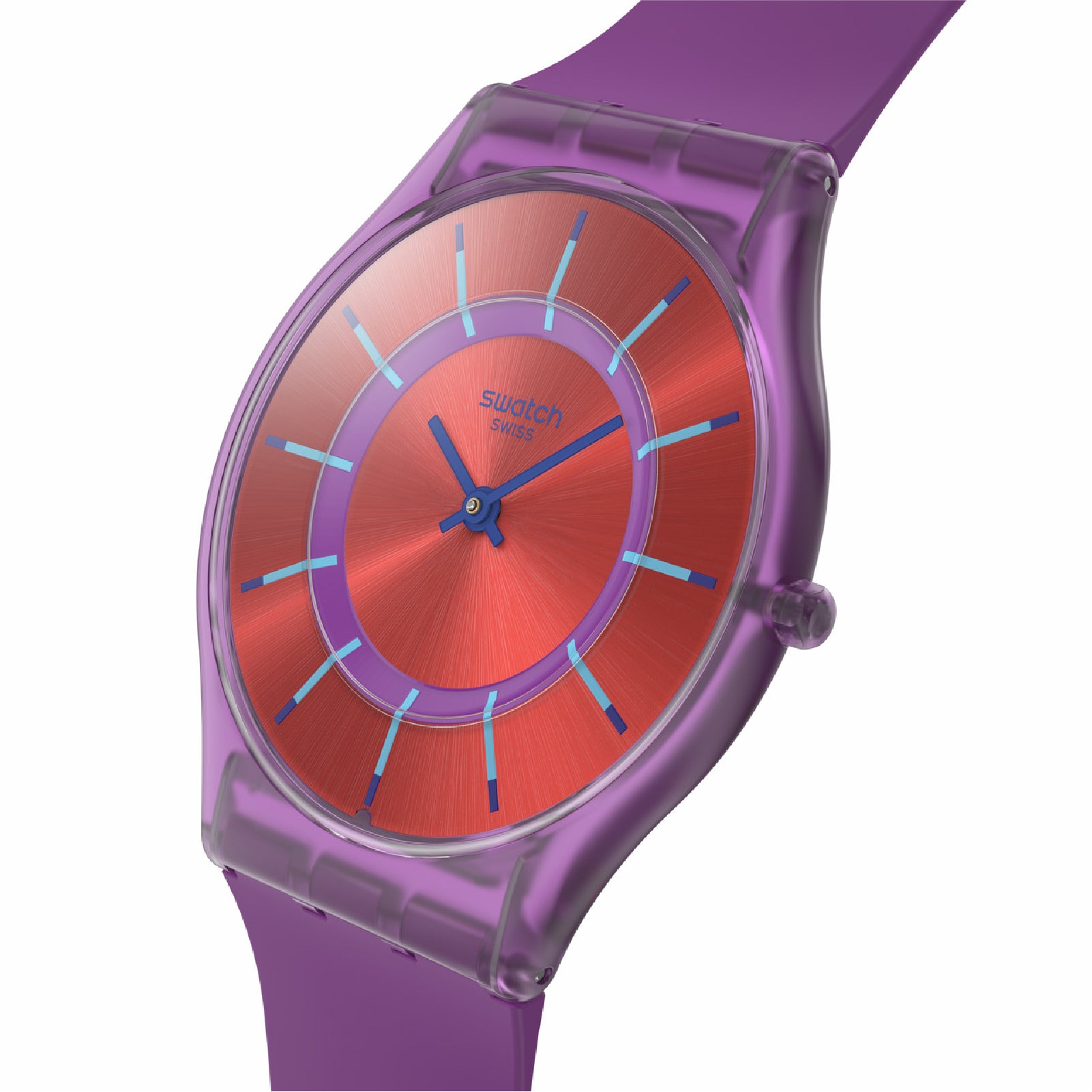 Orologio solo tempo Swatch in materiale biologico rosso e viola