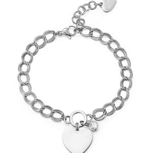Bracciale catena da donna della collezione S'agapõ My Love in acciaio 316L con doppia catena grumetta, ciondolo cuore e cristallo SYL21