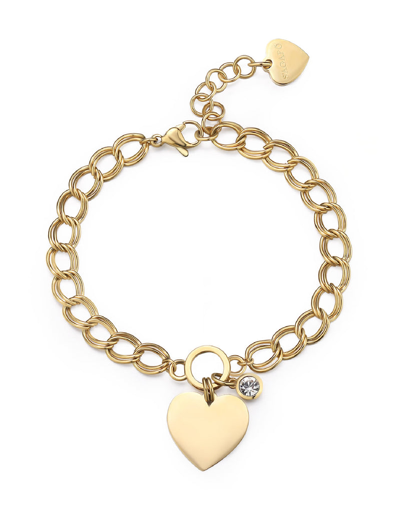 Bracciale catena da donna della collezione S'agapõ My Love in acciaio 316L pvd oro con doppia catena grumetta, ciondolo cuore e cristallo SYL22