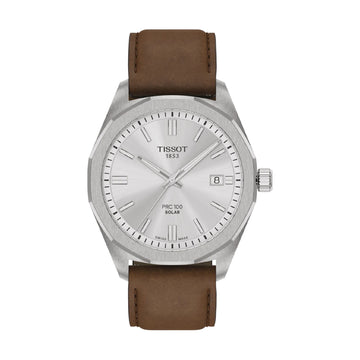 Orologio Tissot PRC 100 acciaio e cinturino in pelle marrone MISURA UNICA