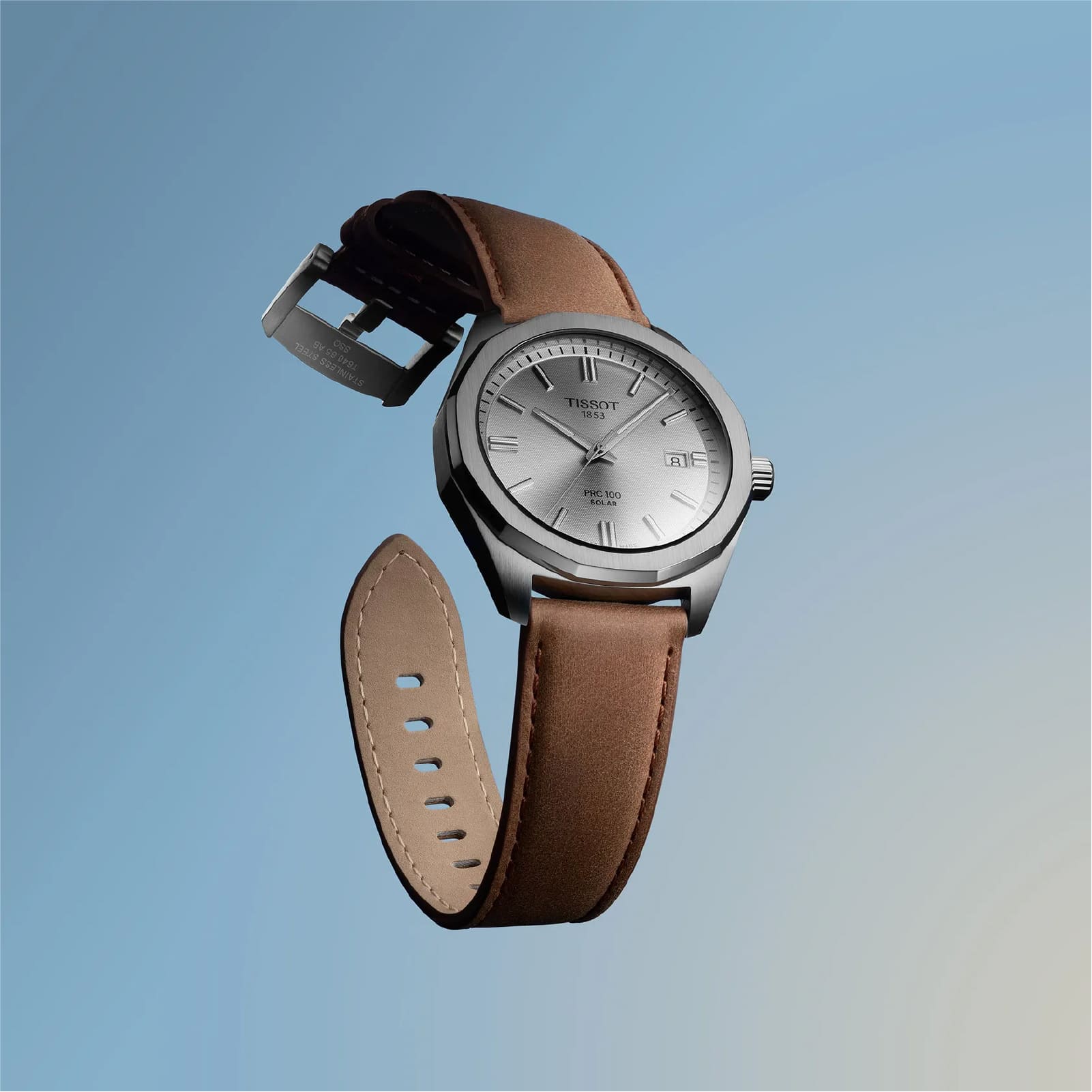 Orologio Tissot PRC 100 acciaio e cinturino in pelle marrone MISURA UNICA