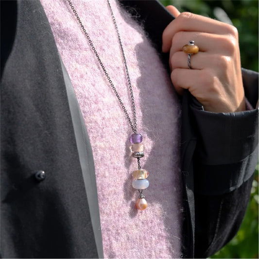 Collana 80 cm Trollbeads in argento con perla rosa finale MISURA UNICA